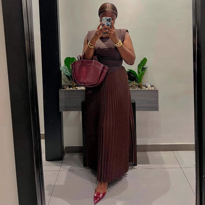 African Women Solid Irregular Sleeveless Crop Top Pleated Skirt Two-piece Set 3