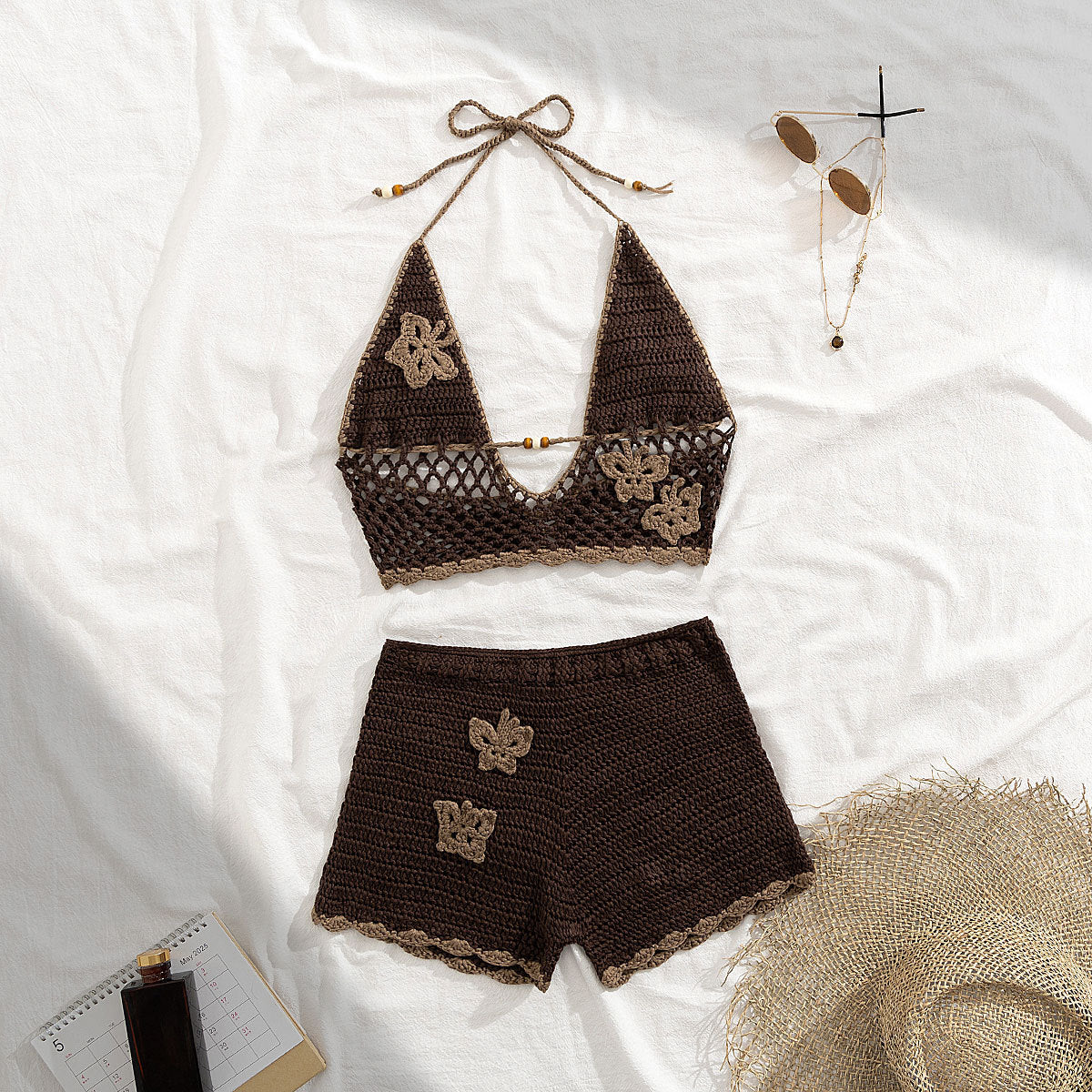 Crochet Two-Piece Halter Neck Shorts Set Low Back Sexy Outfit