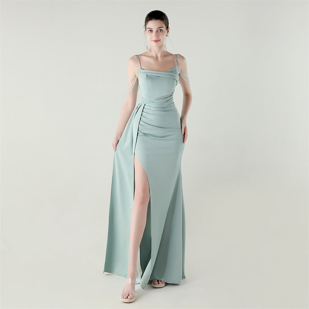 Women beaded chain fishtail slit evening dress