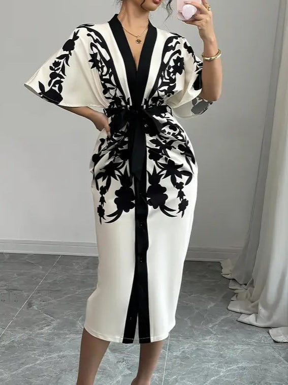 Women V-Neck Contrast Floral Print Belted Slit Dress 4