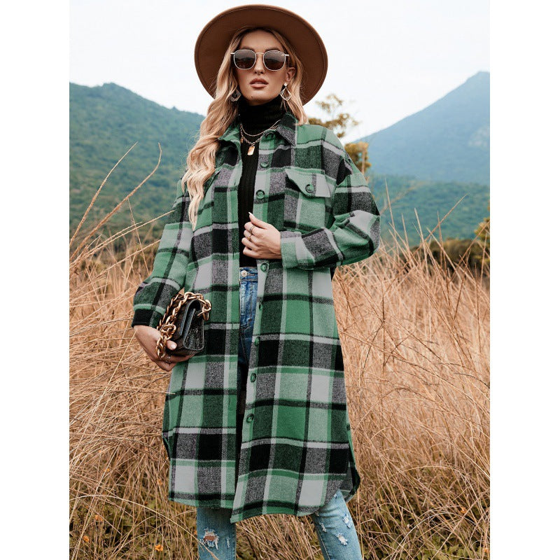 Autumn And Winter Chic Windbreaker Coat Side Slit Turndown Collar Loose Plaid Shirt Jacket 5