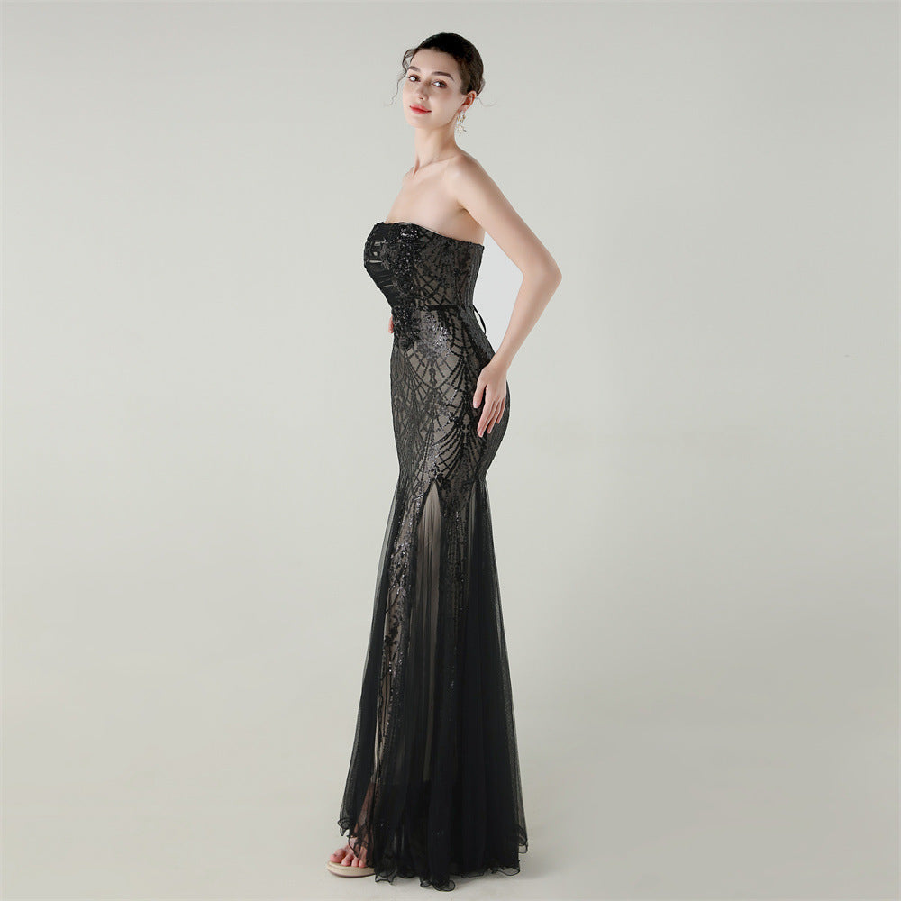 Women Strapless cross Lace-Up sequined tube flower sequined mesh evening dress Formal Party evening dress 99