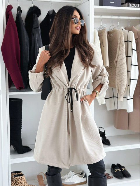 Women Turndown Collar Drawstring Solid Woolen Coat 4