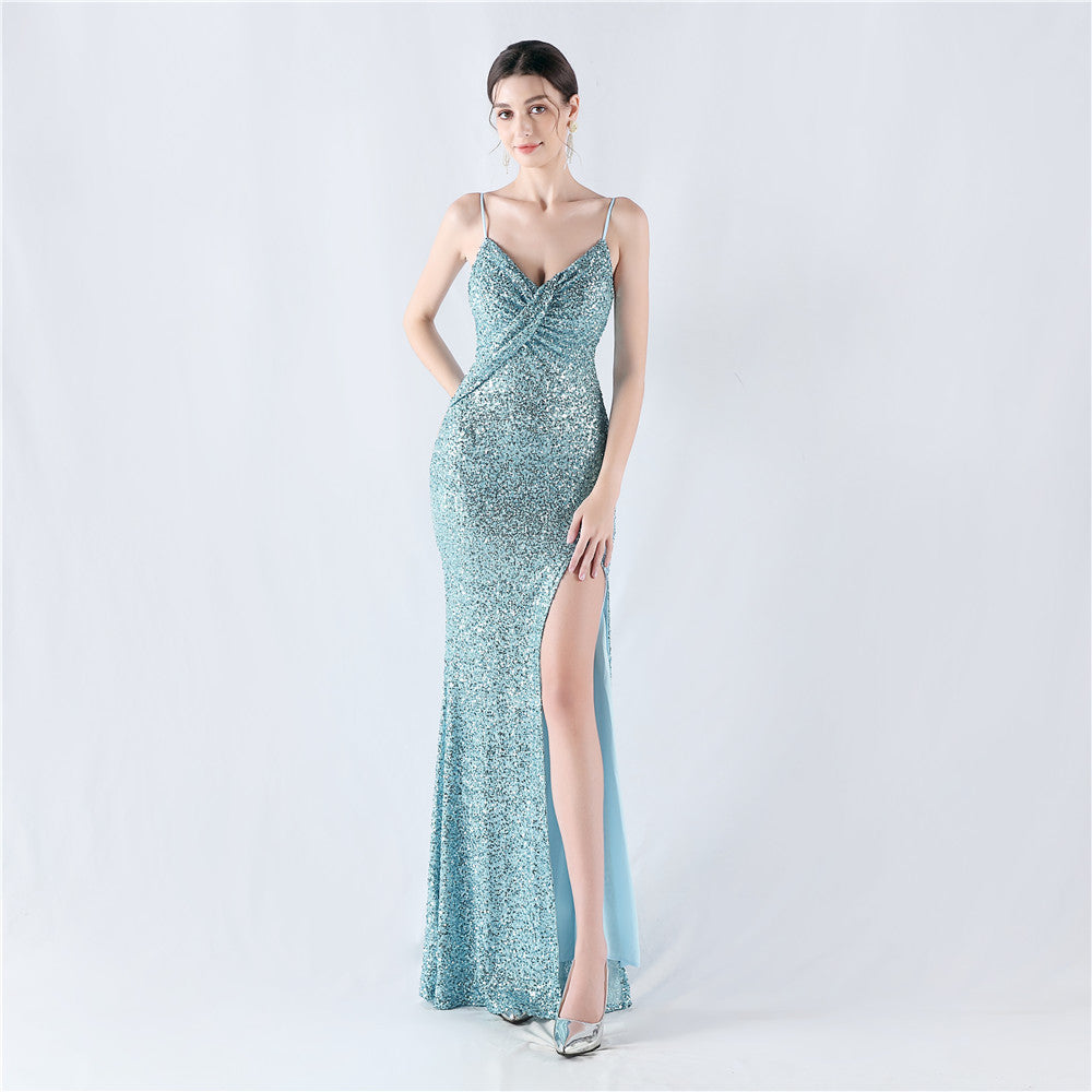 Women sequined sexy split sling evening dress 11