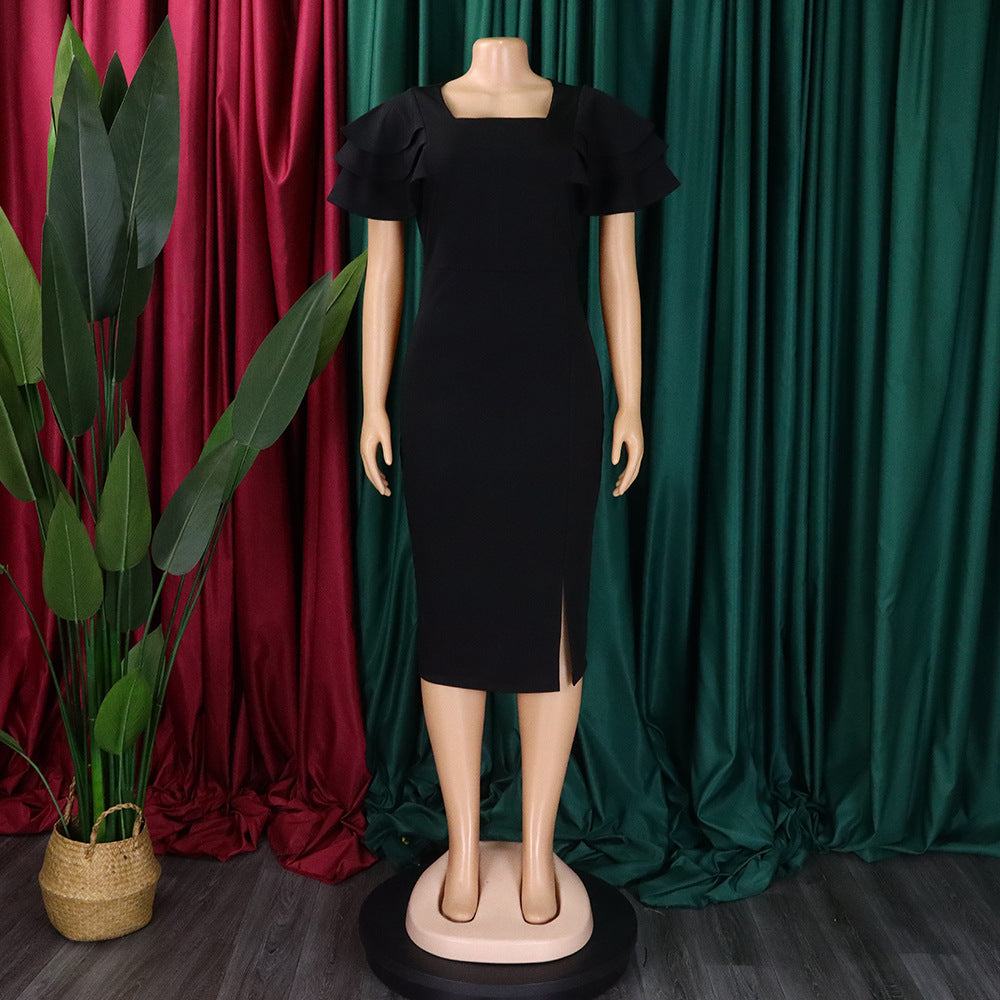 Women's Summer Chic Career Square Neck Short Sleeve Sexy Bodycon African Dress 15