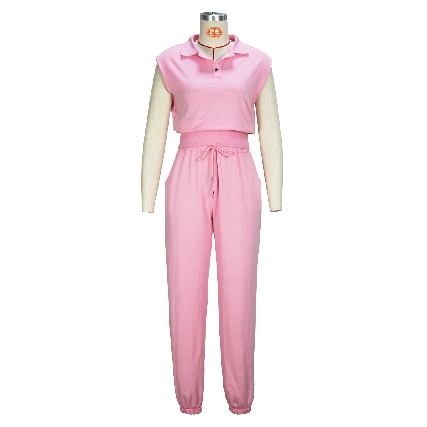 Women's Spring Summer Chic Elegant Solid Pink Sleeveless Top Pants Set 3