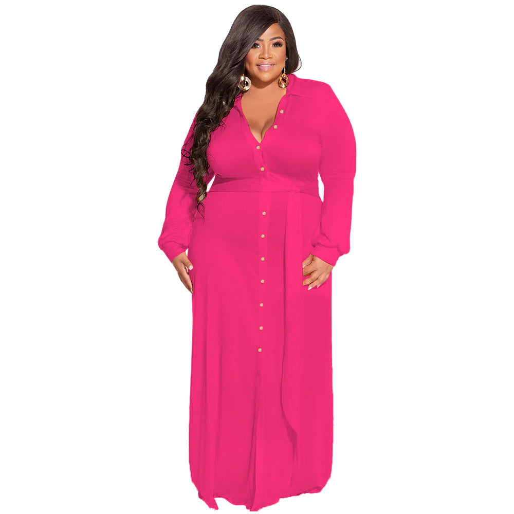Plus Size Women Solid Tie Long Sleeve Shirt Dress 17