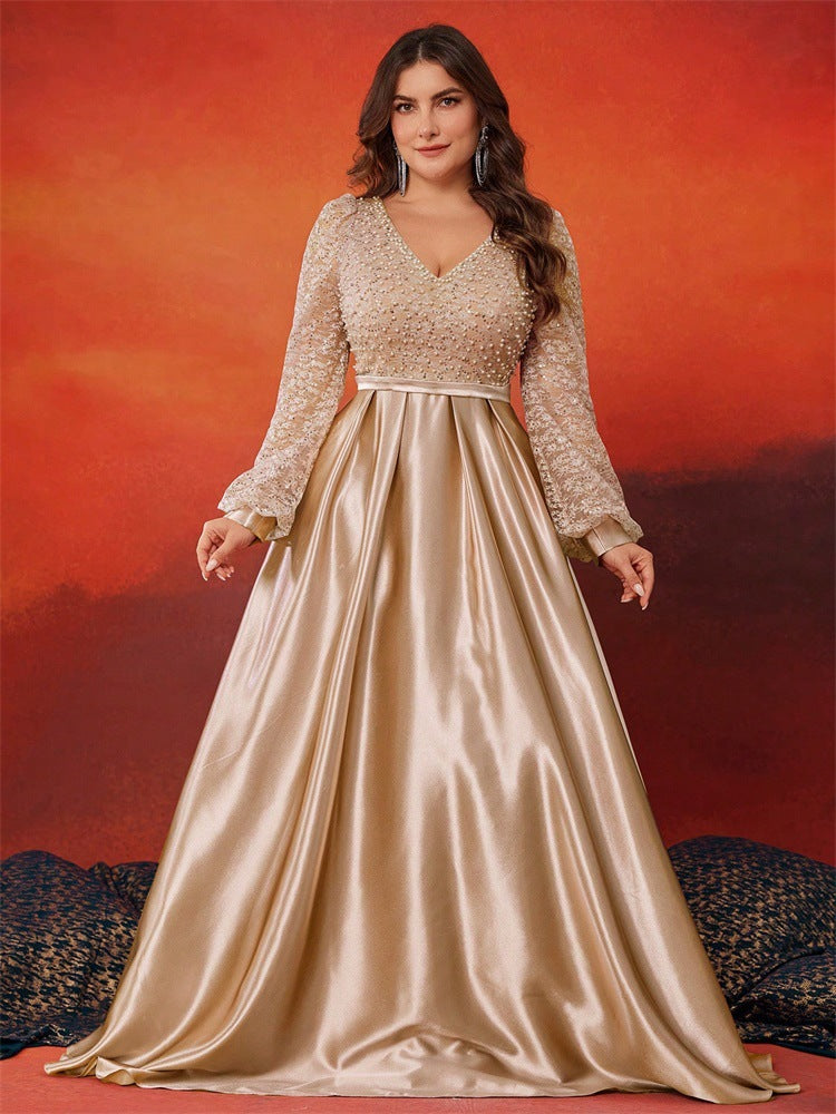 Plus Size Women Sequin Contrast Color Satin Long Sleeve V Neck Elegant Dinner Ball Evening Dress 7