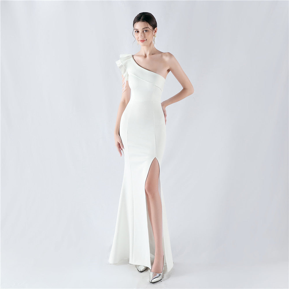 Women Beaded One-shoulder Slash Shoulder Evening Dress