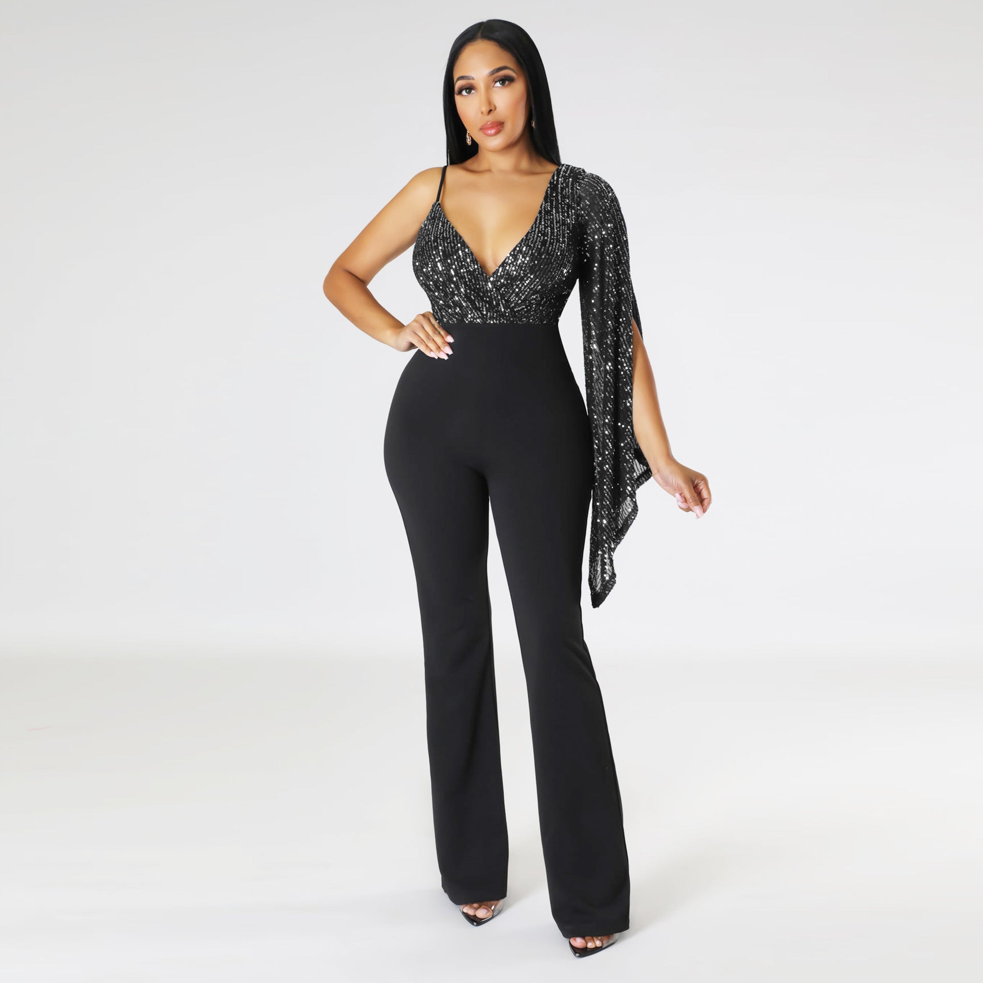 Trousers Sequined V-neck Strapless One Shoulder Cape Sexy Nightclub Jumpsuit