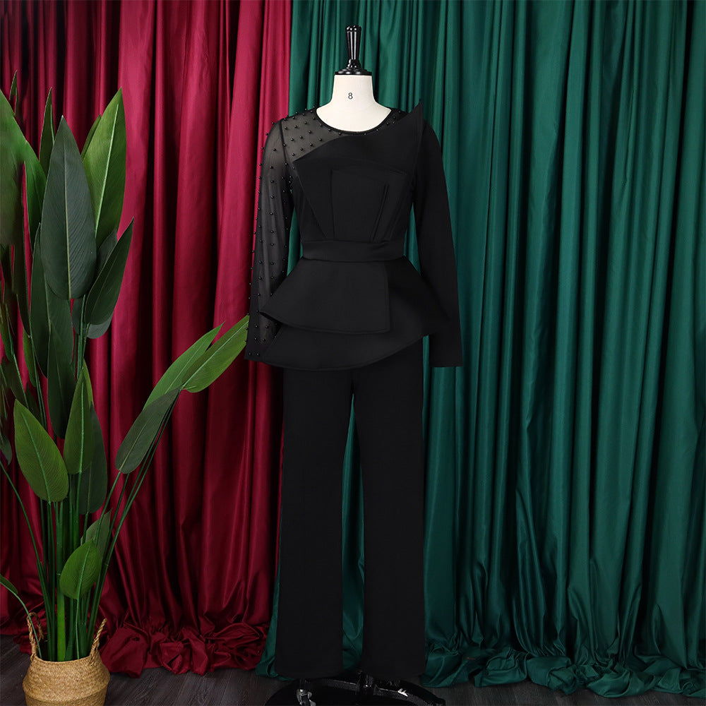 Long Sleeve Chic Mesh Patchwork Beading Slim Fit Formal Party Plus Size Jumpsuit 16