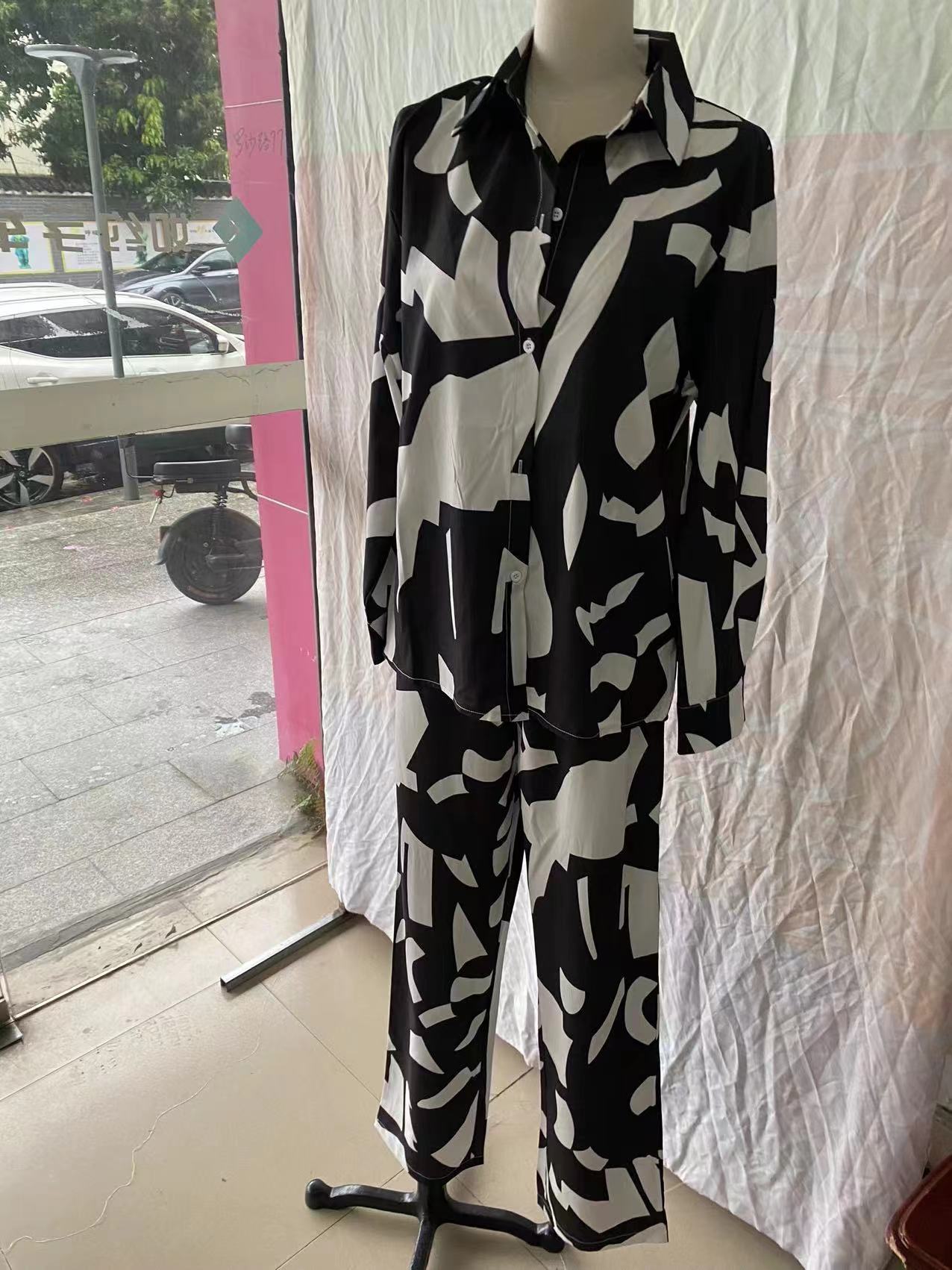 Women loose long-sleeved shirt and high-waist wide-leg pants two-piece set 8