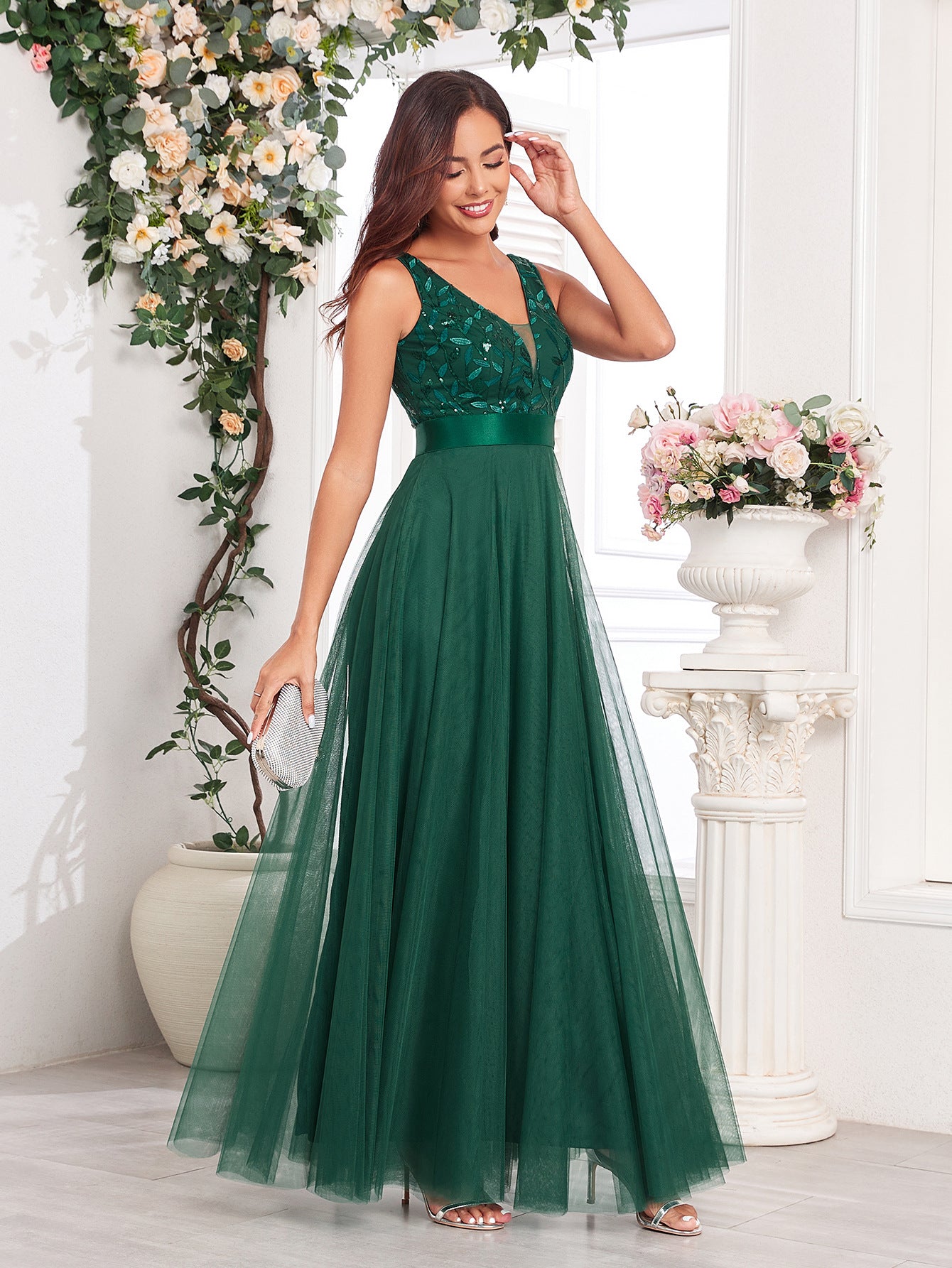 Patchwork Elastic Waist Sleeveless Double V Neck Evening Gown with Embroidered Tulle Elegant Long Swing Party Dress 26