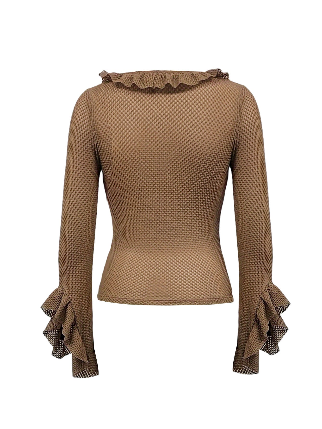 Women's Sexy Rufffled Slim T-Shirt Long Sleeve Bell Bottom Brown Top 7