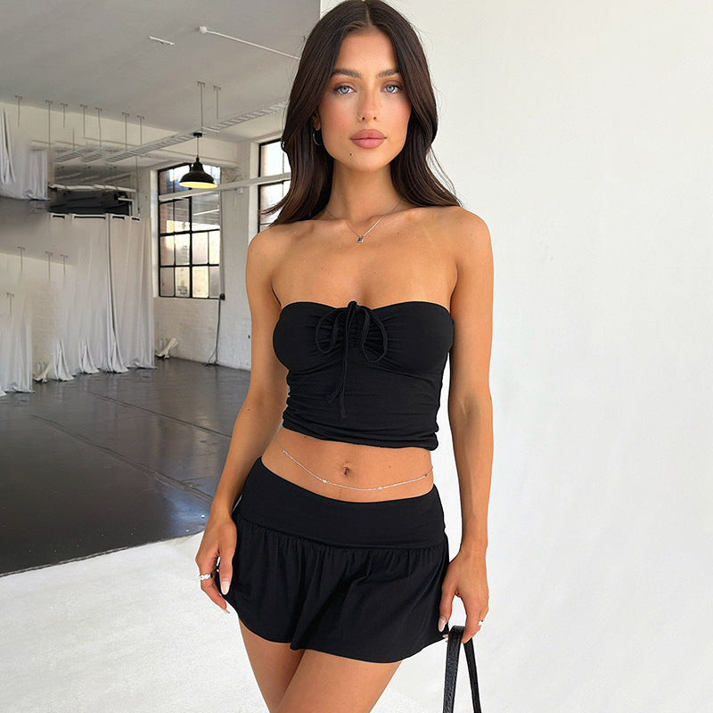 Women's Summer Strapless Low Back Ruffled Casual Two Piece Skirt Set