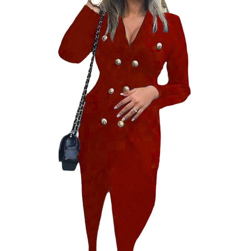 Women Autumn and Winter Long Sleeve Double Breasted Blazer Dress 9