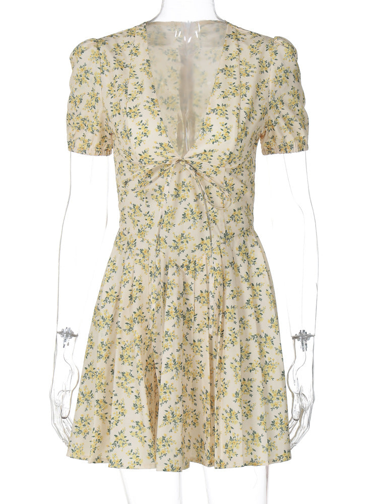 Women French Floral Sexy Chic V-neck Puff Sleeve Pleated Skirt 7