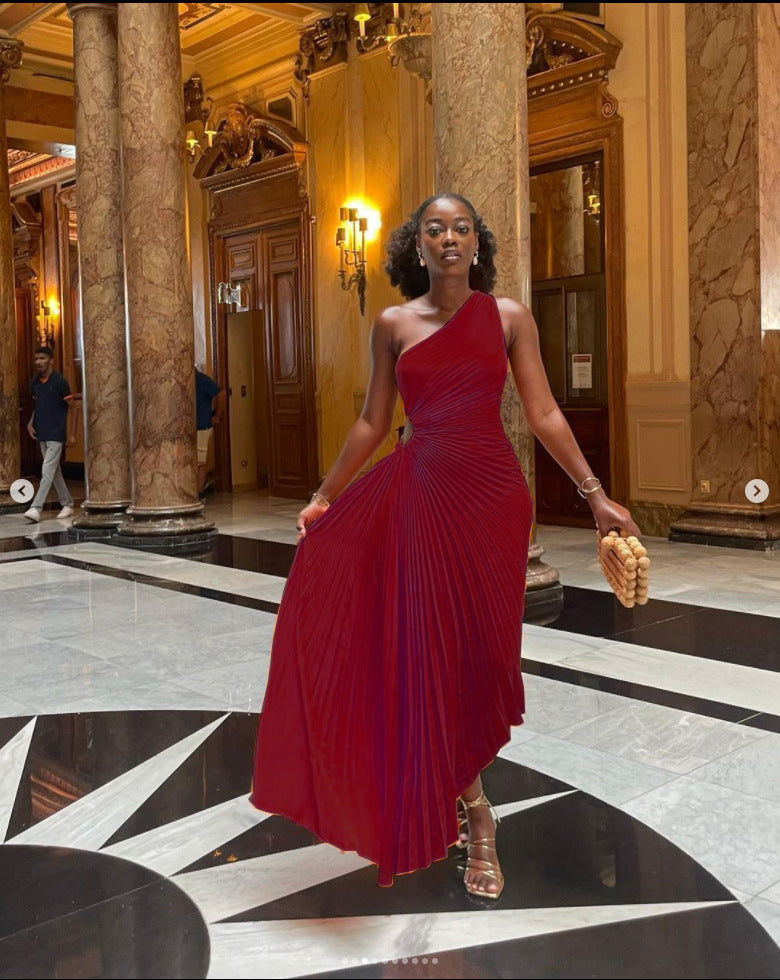 Elegant Slim Fit One Shoulder Cutout Pleated Gown Dress 7