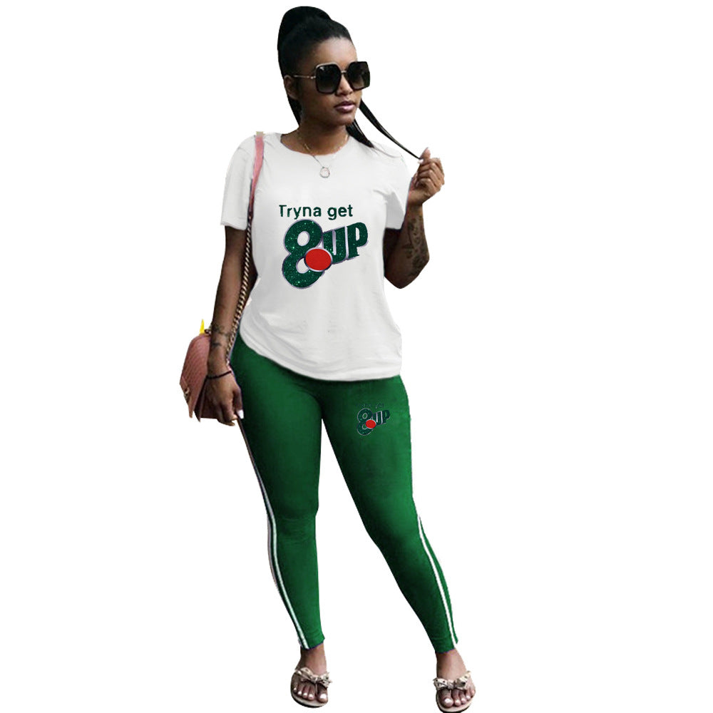 Women Casual Solid Print Short-Sleeved Top and Pants Two-Piece Set