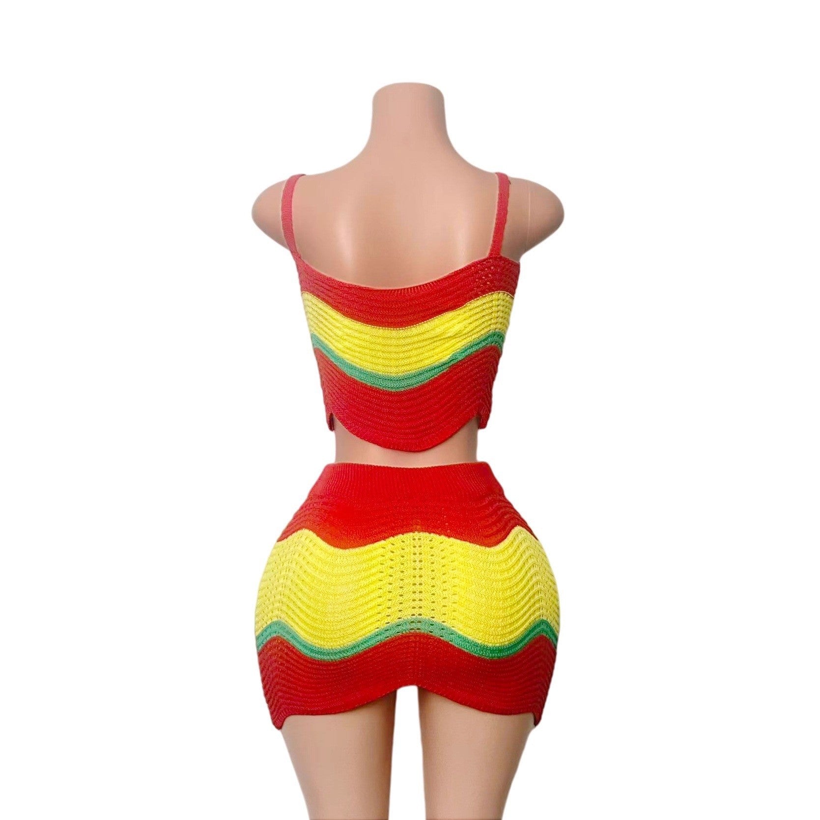 Women Holiday Multi-Color Knitting halter top and skirt with wavy pattern and hollowed-out lace. 13