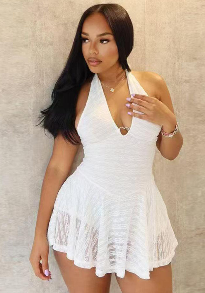 Women solid sexy backless Halter Neck Lace-Up Ruffle Edge Bodycon Dress