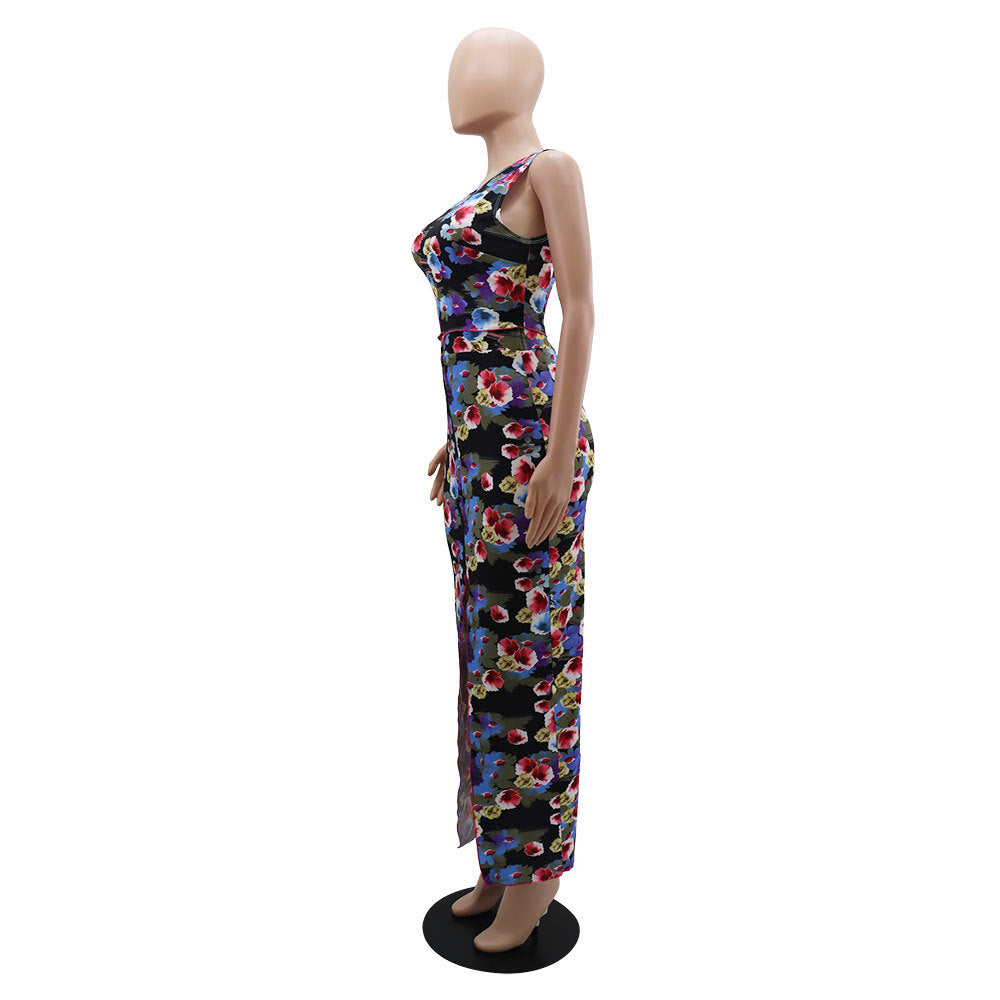 Fashionable floral Tank high-waisted long skirt two-piece set for women 12