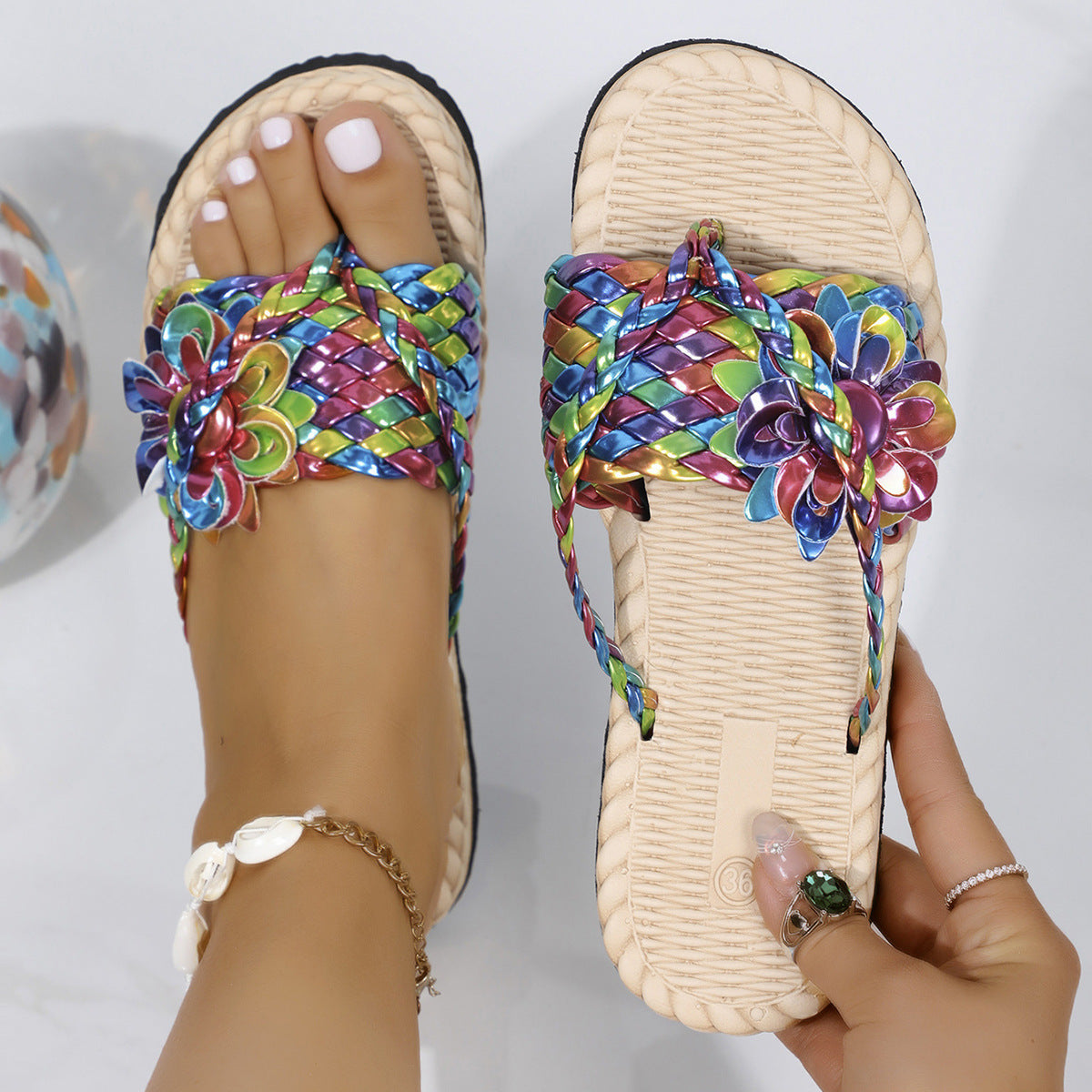 Women Summer Casual Sandals Beach Shoes Sequined Braided Slippers 5