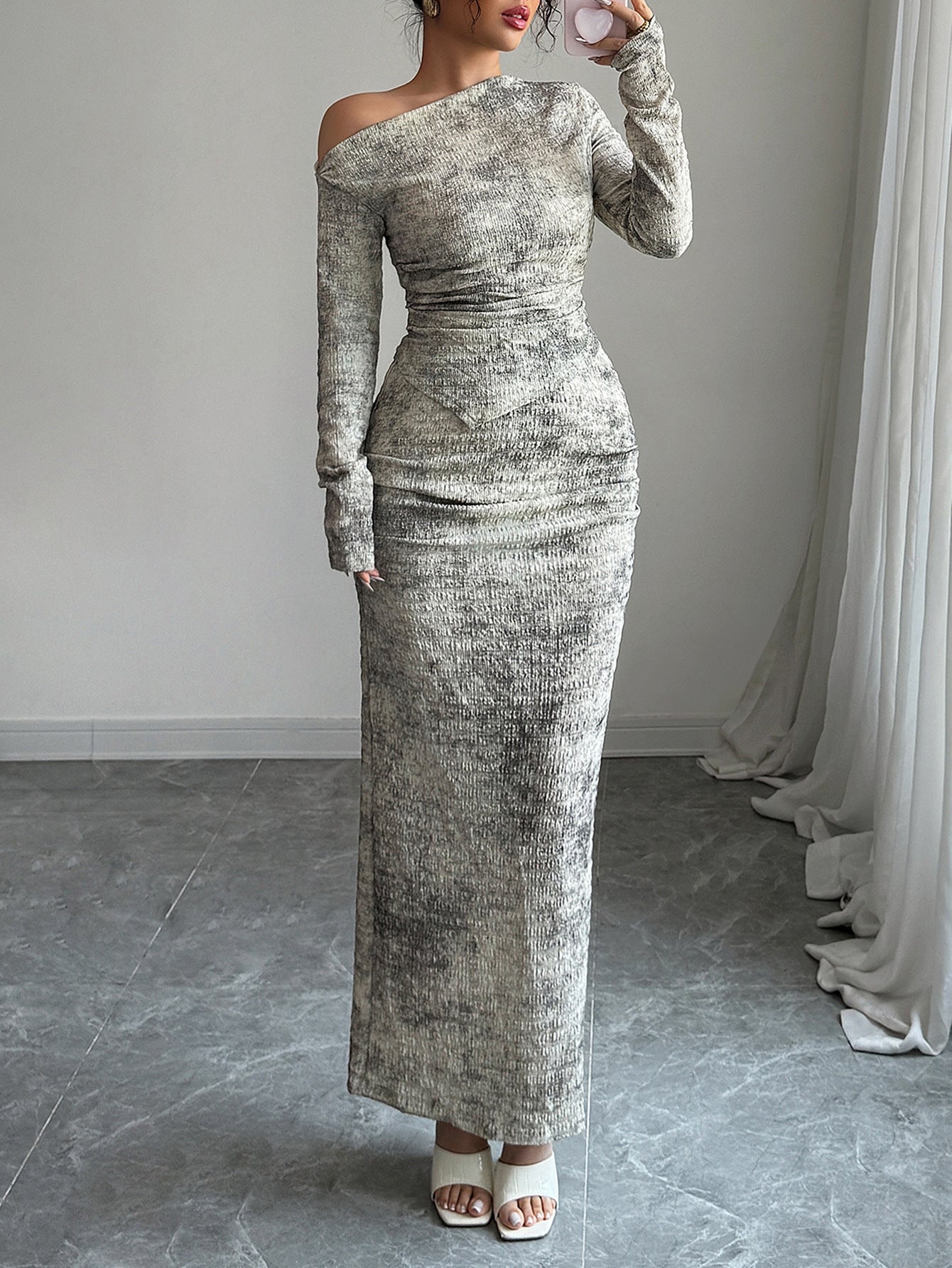 Women Elegant Slash Shoulder long-sleeved top and Skirt two-piece set