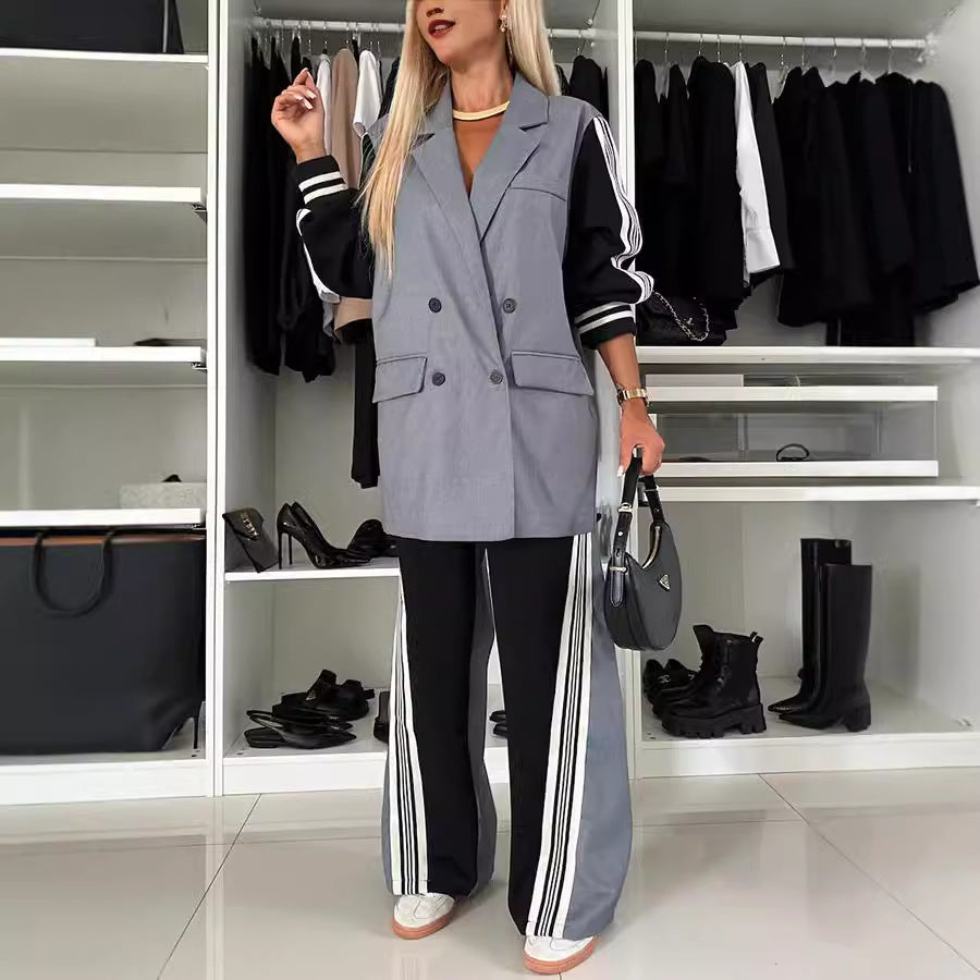 Women Long Sleeve Patchwork Double Breasted Blazer Suit Two Piece 4