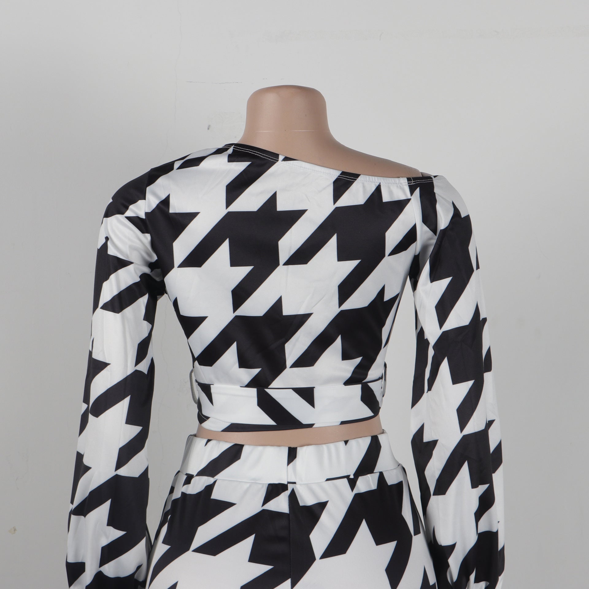 Women Printed Plaid Lace-Up Slash Shoulder Top and Pant Two-piece Set 15