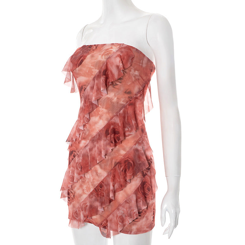 Women's Spring/Summer Flounce Mesh Strapless Mini Rose Print Bodycon Dress 4