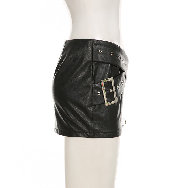 Punk Sexy Leather V-Neck Strap Vest Top Hollow Pin Buckle Adjustable Skirt Set 28