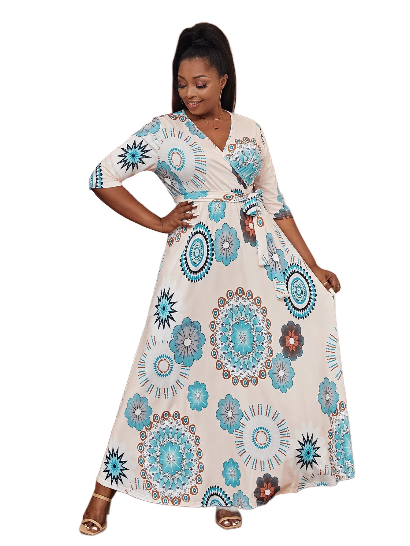 Women Casual V-Neck Leaf Geometric Print Dress 4