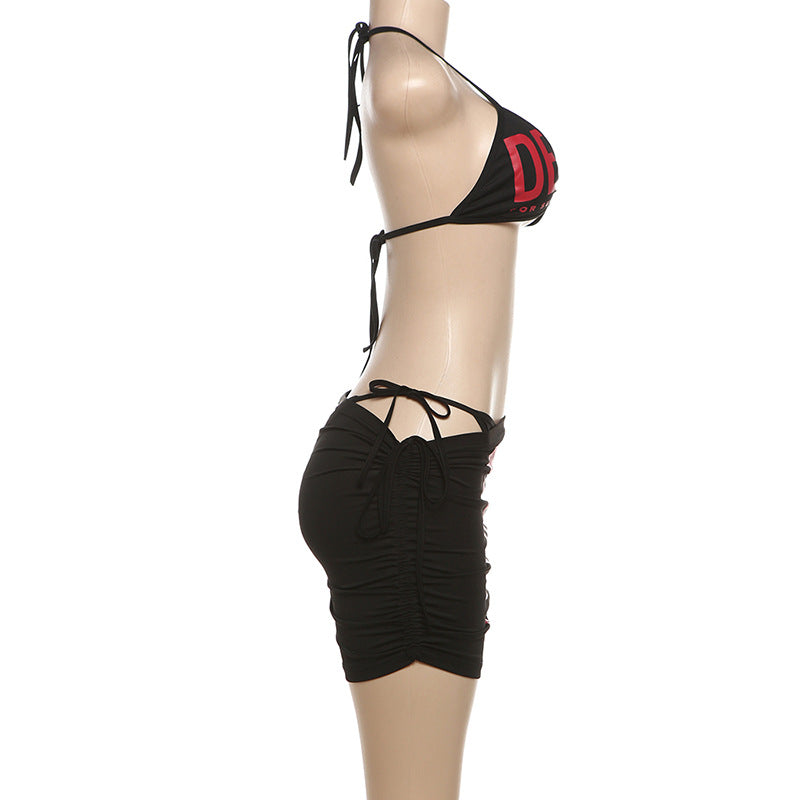 Women Summer Sexy Halter Neck Strappy Top Bodycon Skirt Bikini Two-piece Set 7