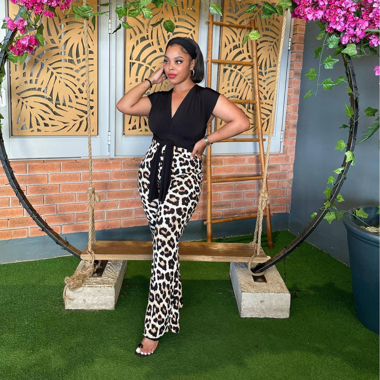 Women Printed Stretch Leopard Micro Bell Bottom Pants 5