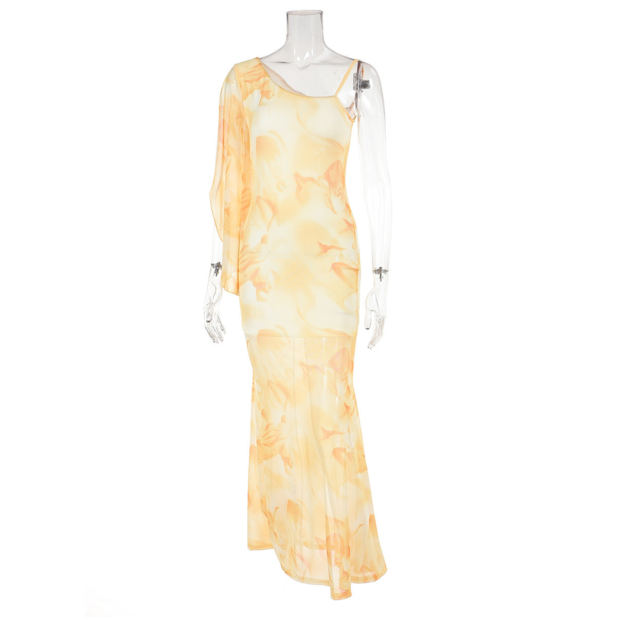 Sexy Slash Shoulder Strap Dress Women Holidays Fishtail Print Mesh Long Dress 8