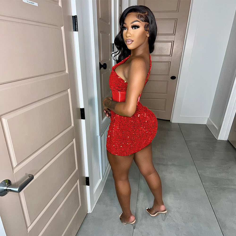 Sexy Slash Shoulder Sequin Patchwork Polyester Mesh Club Party Bodycon Dress Women 7