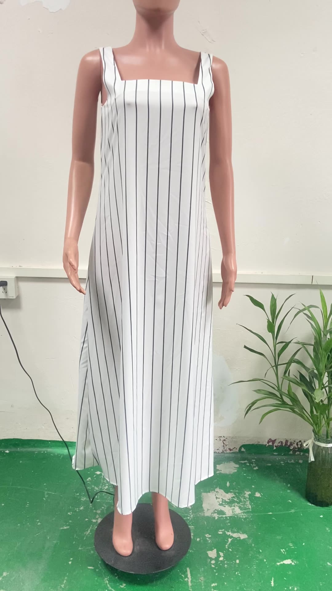 Spring Summer Square Neck Striped Fashion Sleeveless Dress 7