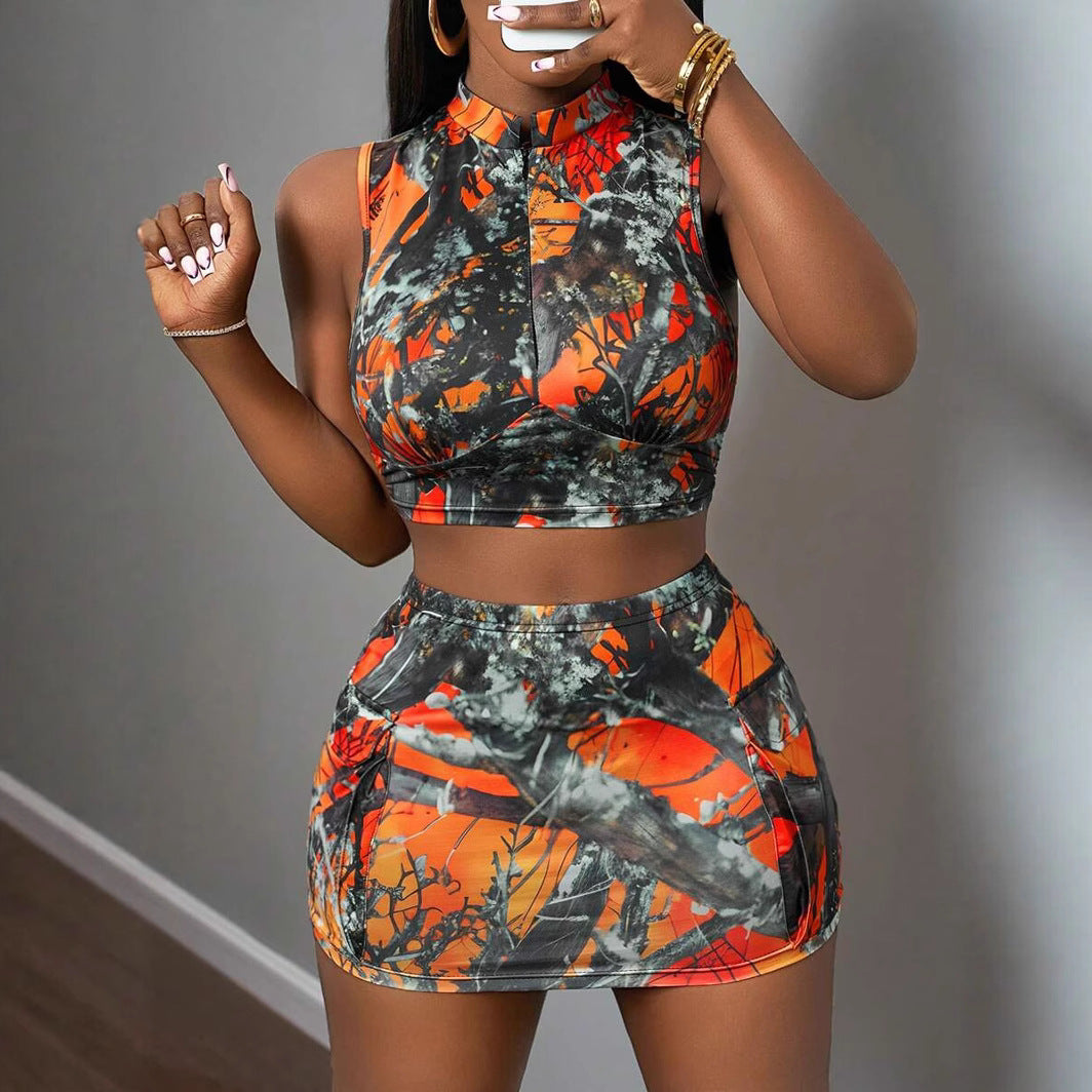 Women Branch Print Top and Skirt Two-piece Set 5