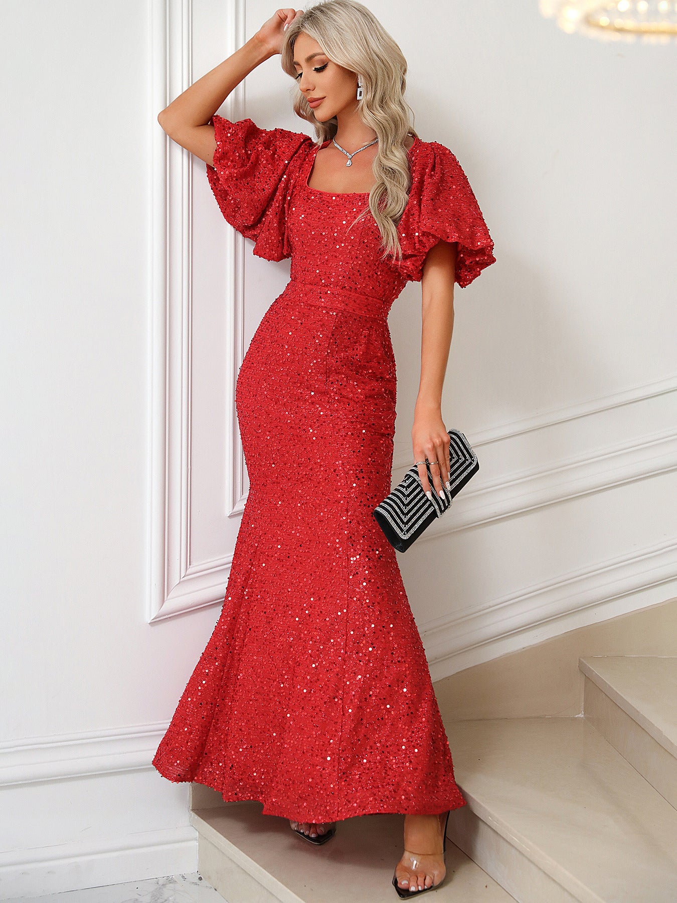 Women's Sequin Square Neck Slim Formal Party Evening Dress 4