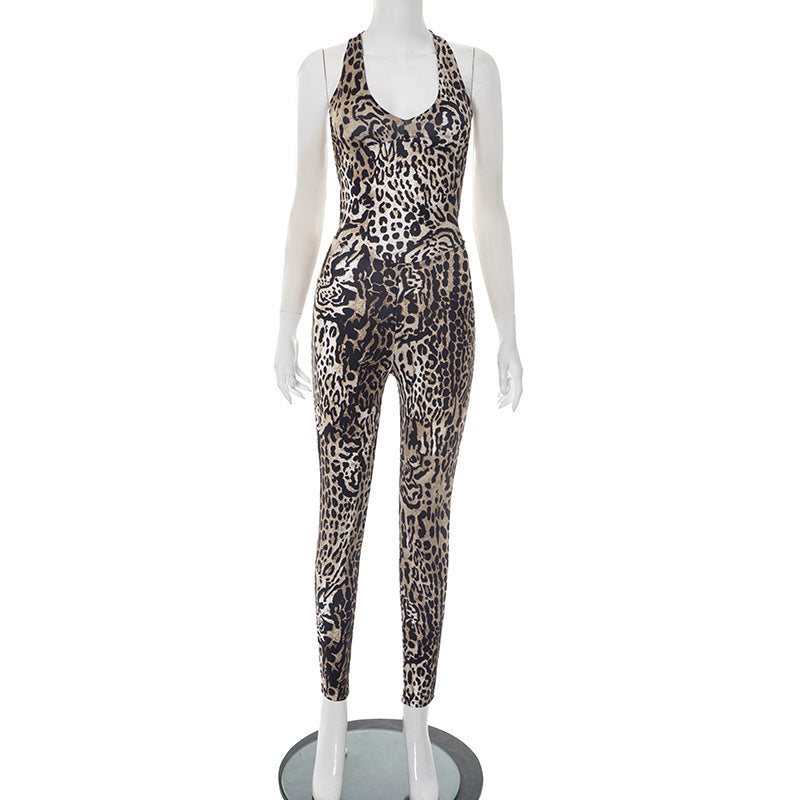 Women's Spring Summer Halter Neck Hollow Low-Back Leopard Print Slim Jumpsuit 6
