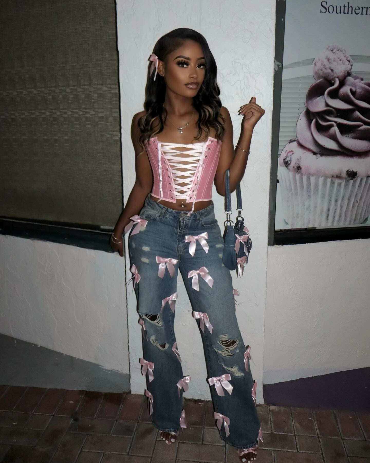 Women Street Bow Washed Ripped Denim Jeans