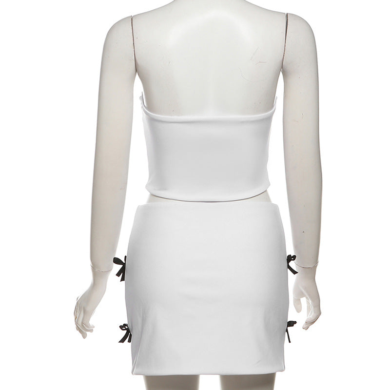 Women jacquard Lace-Up herringbone Strapless Top and Bodycon skirt two-piece set 12