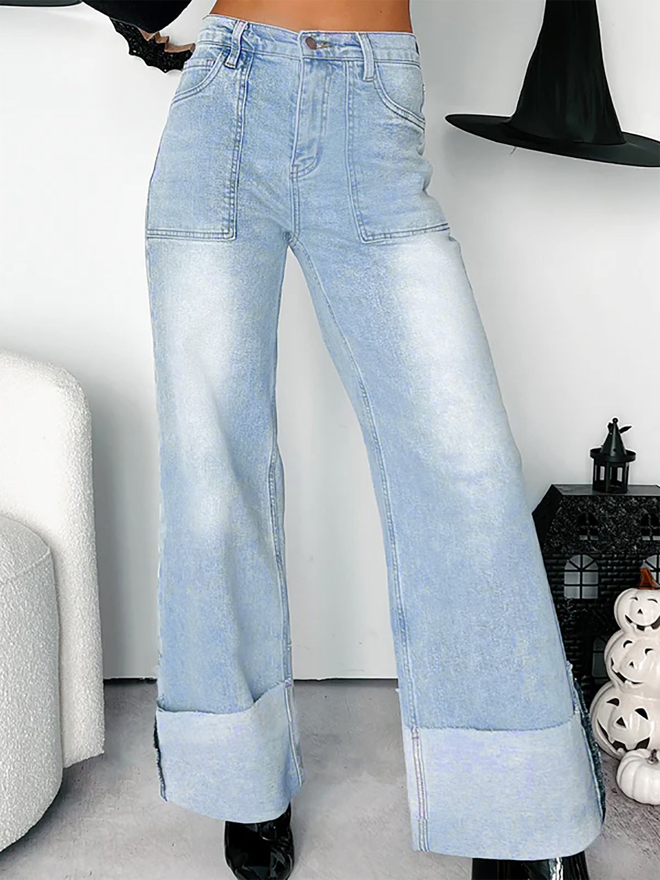 Women's High Waist Folded Hem Washed Straight Denim Trousers