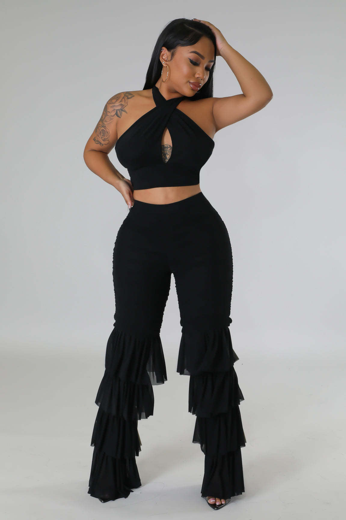 Women's Cross Halter Neck Solid Color Top Sexy Slim Mesh Tassel Pants Two Piece Set 4