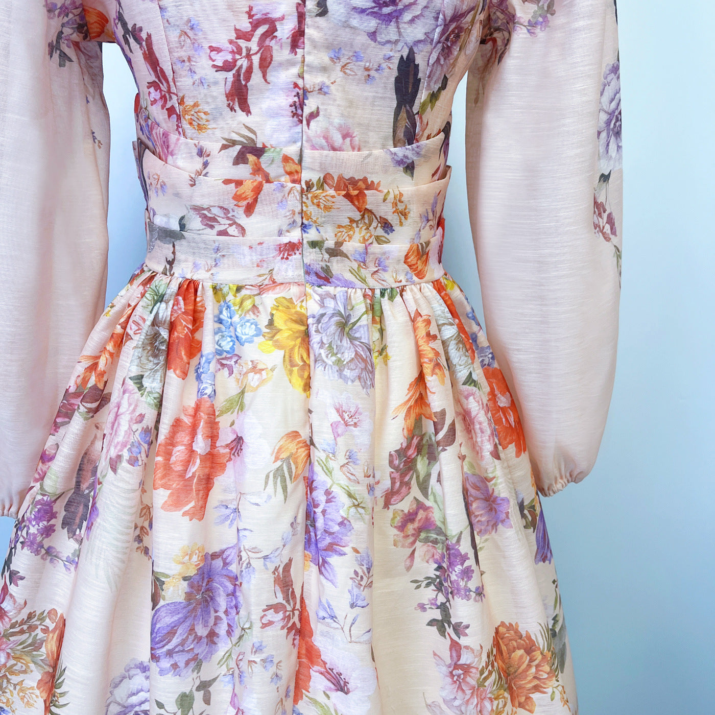 V neck Floral Print High Waist Pleated Holidays Short Dress for Women 14