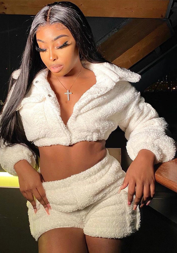 Solid Color Two-Piece Fashionable Fleece Long-Sleeved Top Shorts Set