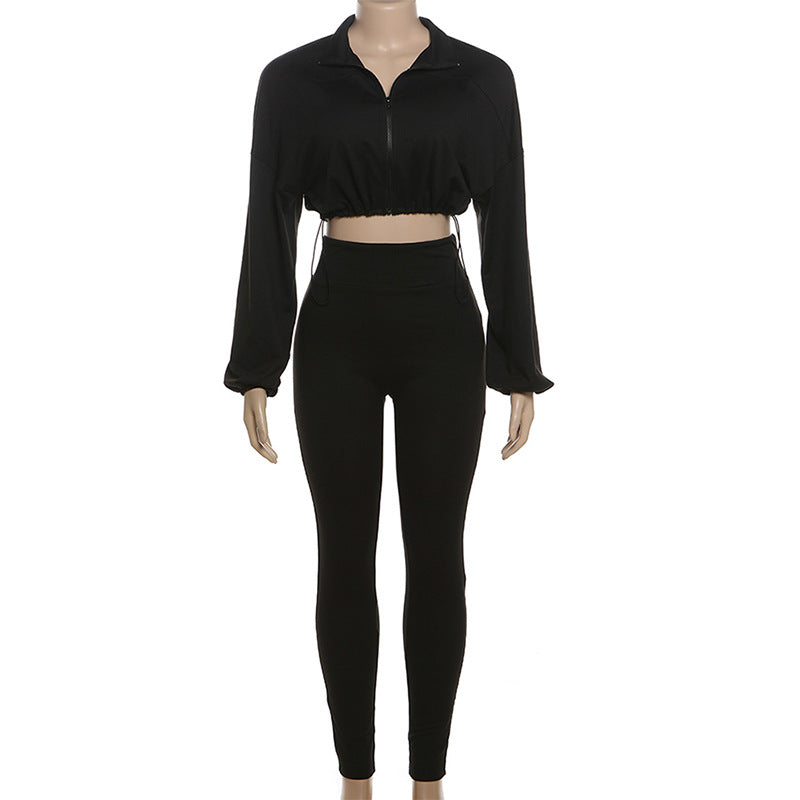 Spring And Autumn Sexy Drawstring Slim Waist Crop Top High Waist Tight Fitting Trousers Two Piece Set 30