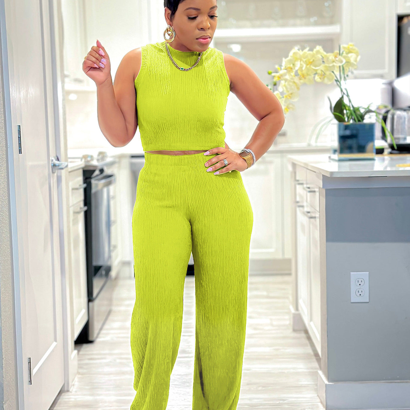 Casual High Stretch Ribbed Sleeveless Tank Top Wide Leg Pants Two Piece Set 11