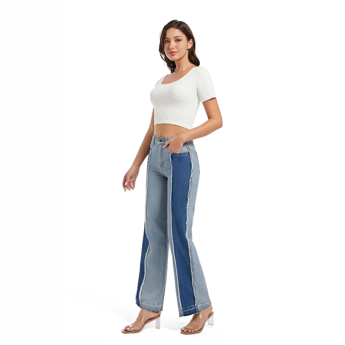 Women's Winter Fashion Slim Patchwork Contrast Color High Waist Casual Straight Denim Pants